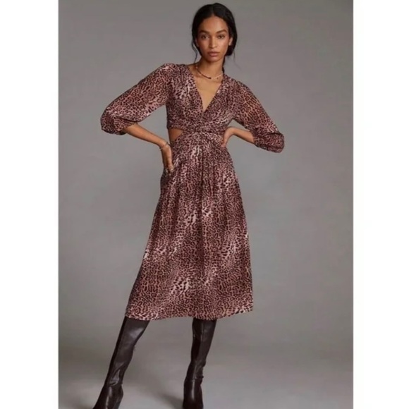 Anthropologie RANNA GILL Leopard Print Cut-out Midi Dress - Picture 3 of 11
